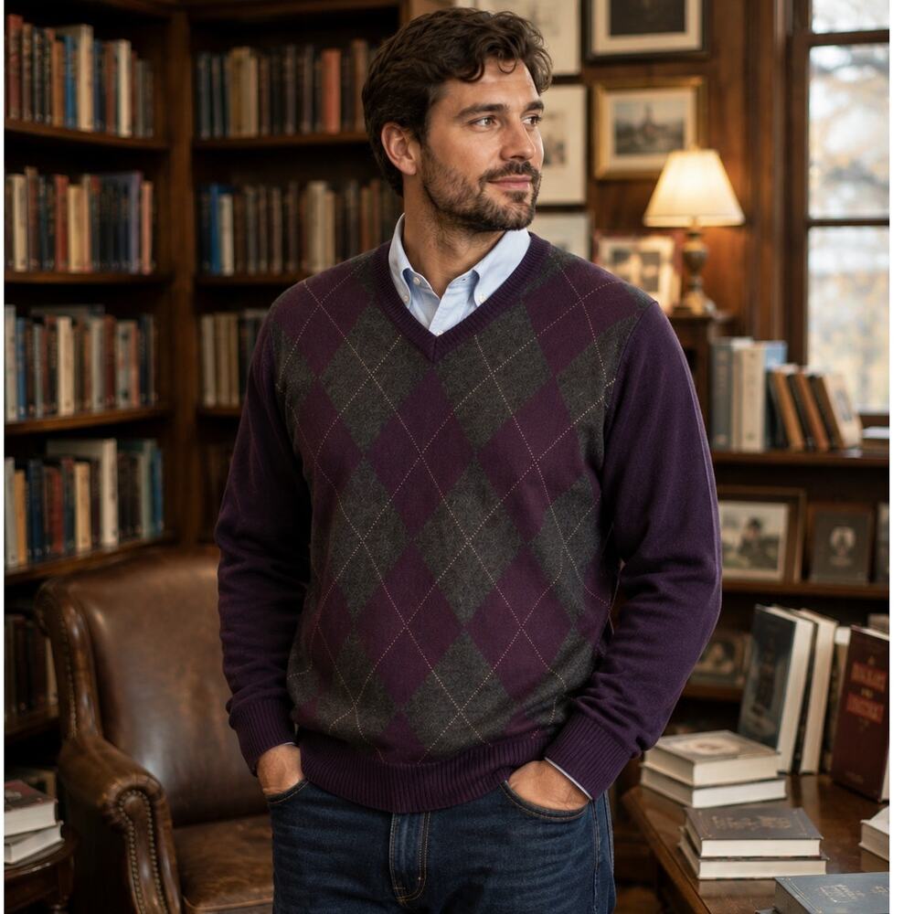 Arrow Argyle Cotton V-Neck Sweater XL Purple Gray Preppy Grandpa Core Layering